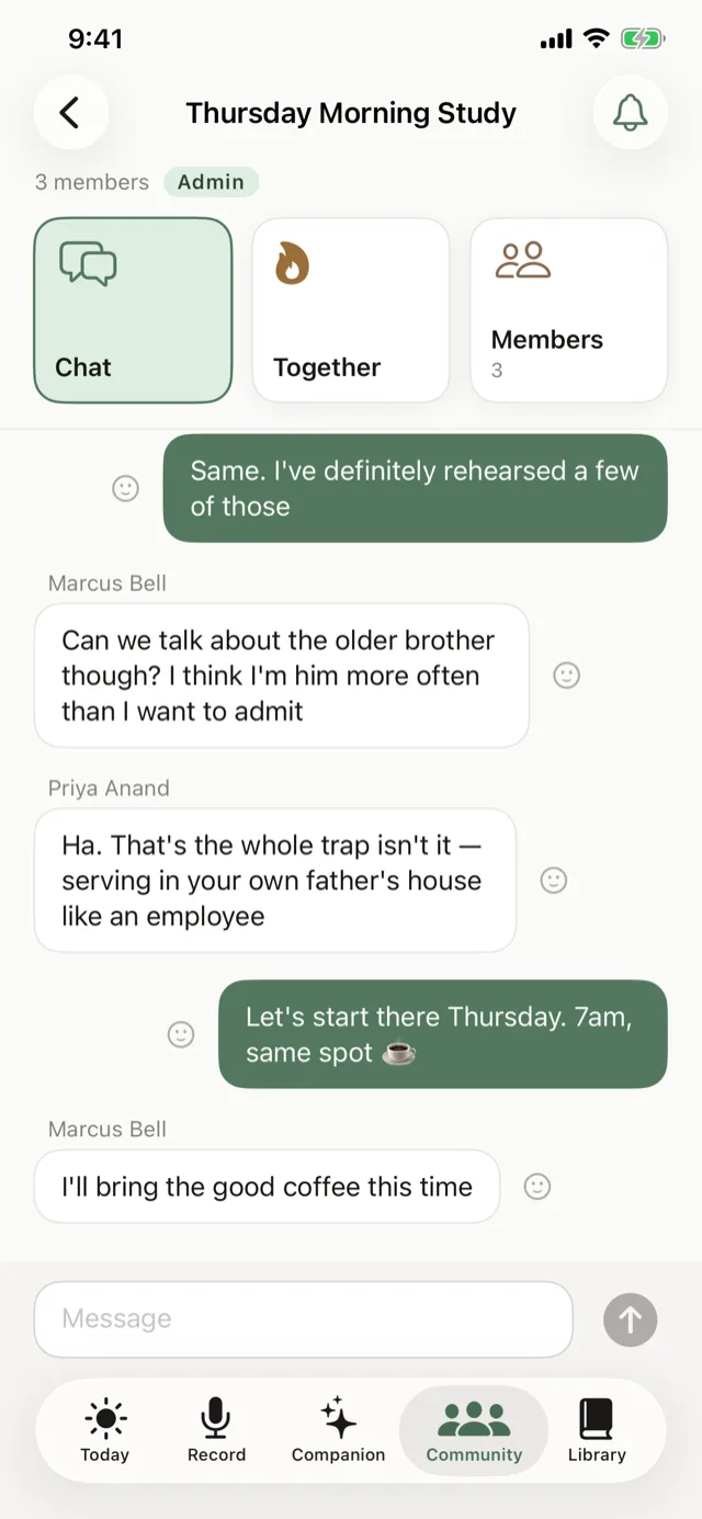 A Sembrae group chat, “Thursday Morning Study”, with three members discussing the older brother in the parable and planning to meet Thursday at 7am