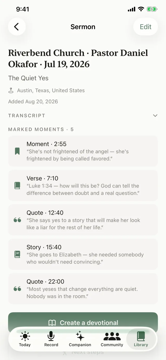 A recorded sermon in Sembrae — “The Quiet Yes” at a fictional church — showing five marked moments with timestamps: a Moment, a Verse (Luke 1:34), two Quotes and a Story, and a Create a devotional button
